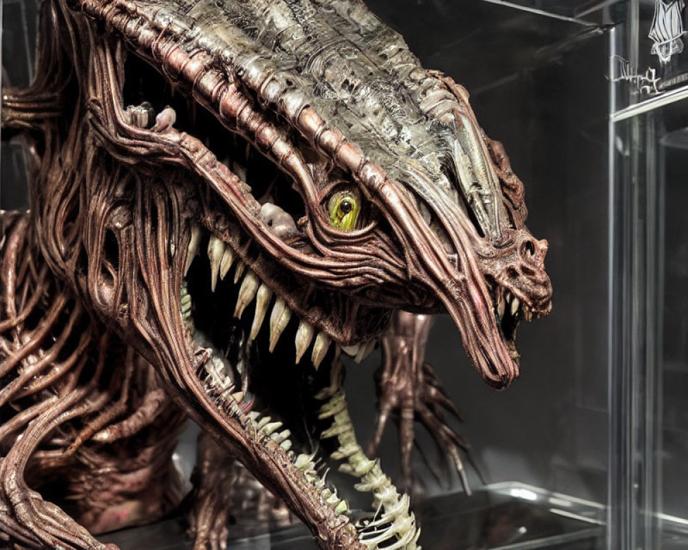 Detailed menacing creature figure with sharp teeth, reptilian skin, and yellow eyes in display case