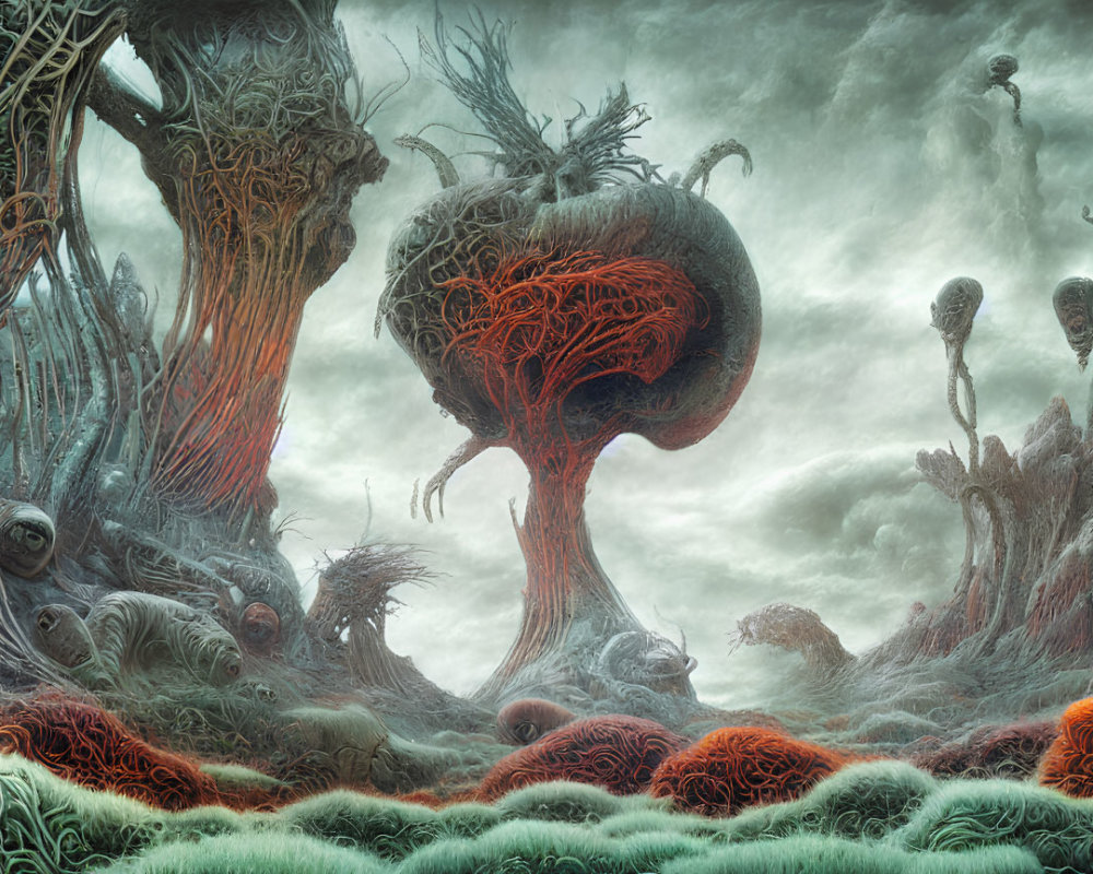 Surreal landscape with twisted tree-like structures and organic shapes under a gloomy sky