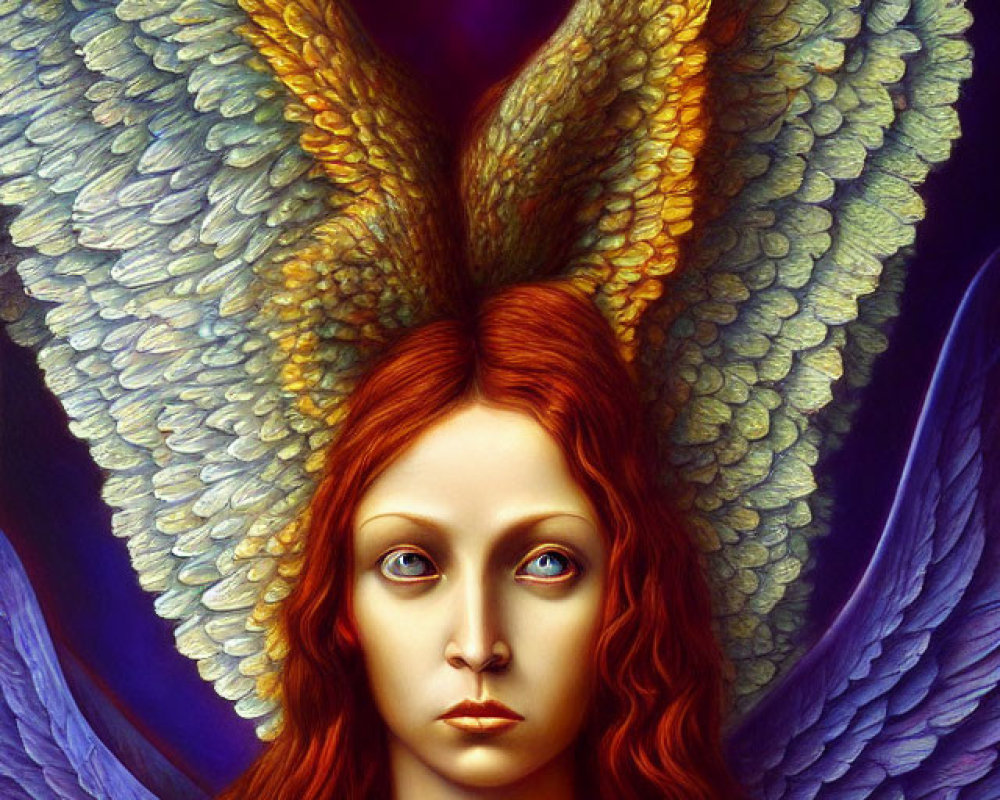 Red-haired woman with golden eyes and peacock feather halo on blue background