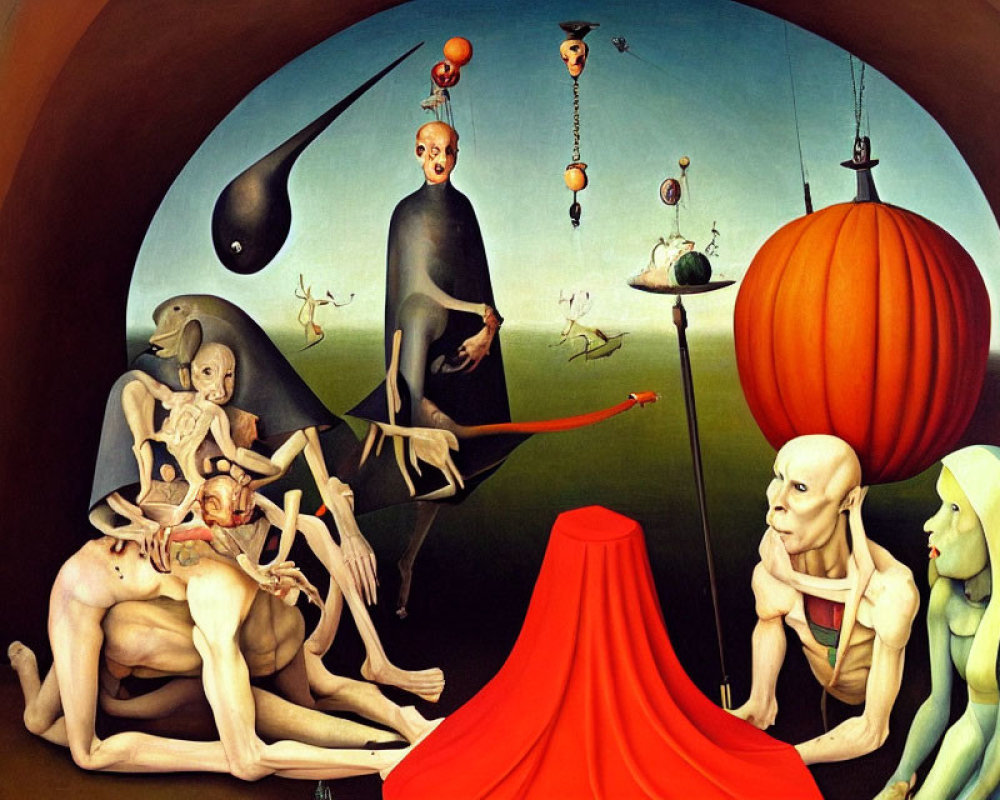 Surreal painting: distorted human figures, levitating sphere, floating objects, desert backdrop