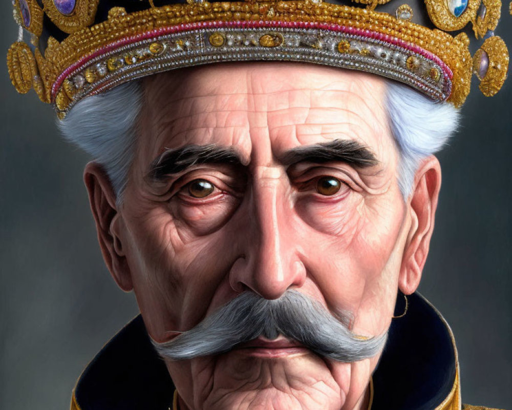 Detailed painting of elderly man with white mustache wearing ornate jeweled crown