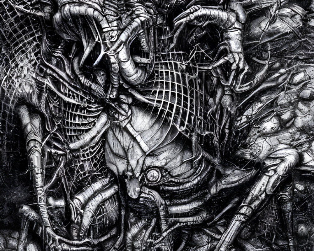 Detailed biomechanical illustration with cyborg creatures and tangled wires