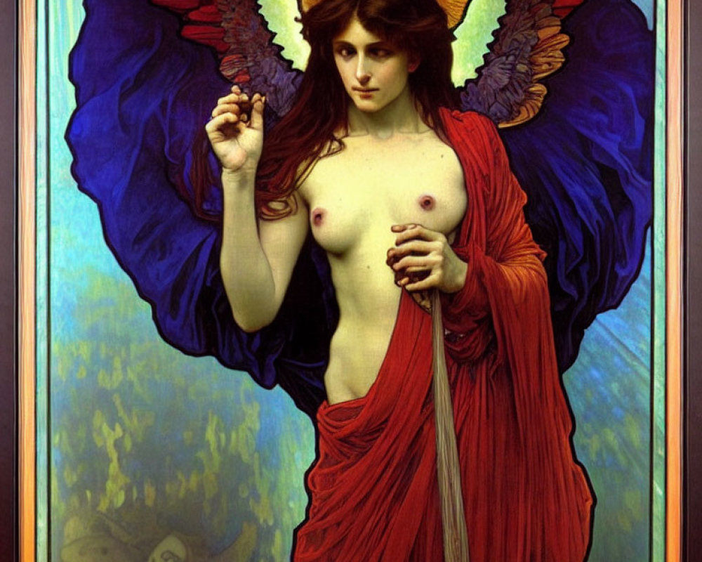 Winged woman with red drape holding a flower in mythological setting