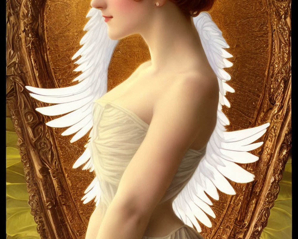 Portrait of woman with angel wings in white dress in golden oval frame