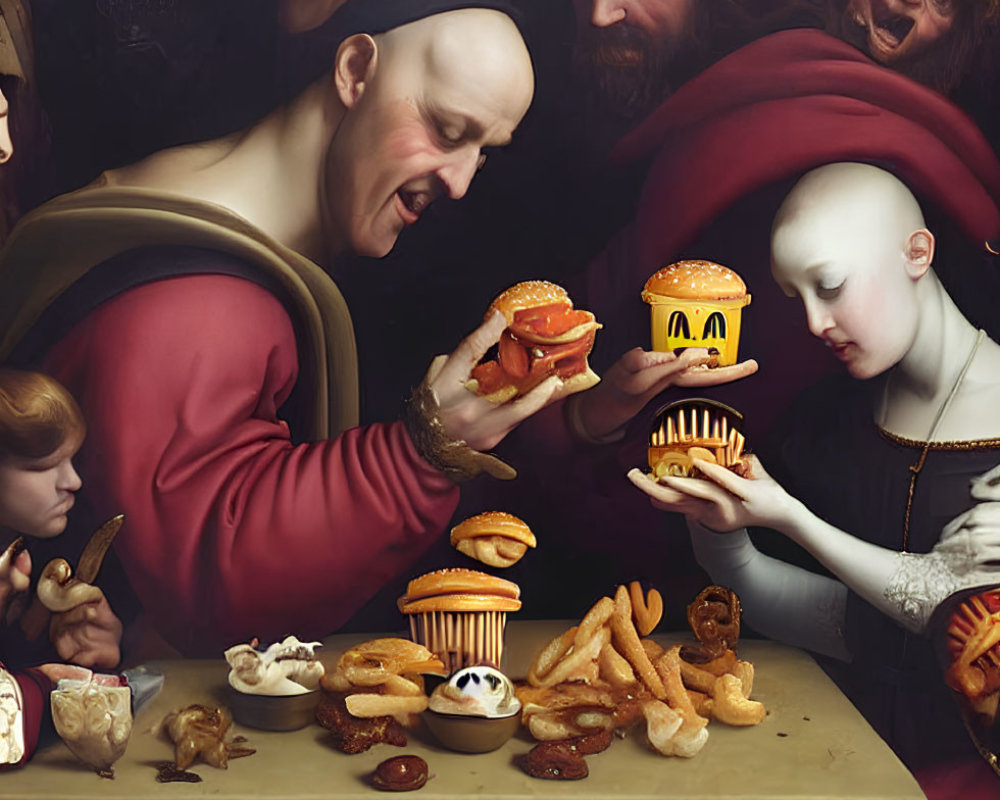 Classical painting style: People feasting on fast food in dark, moody setting