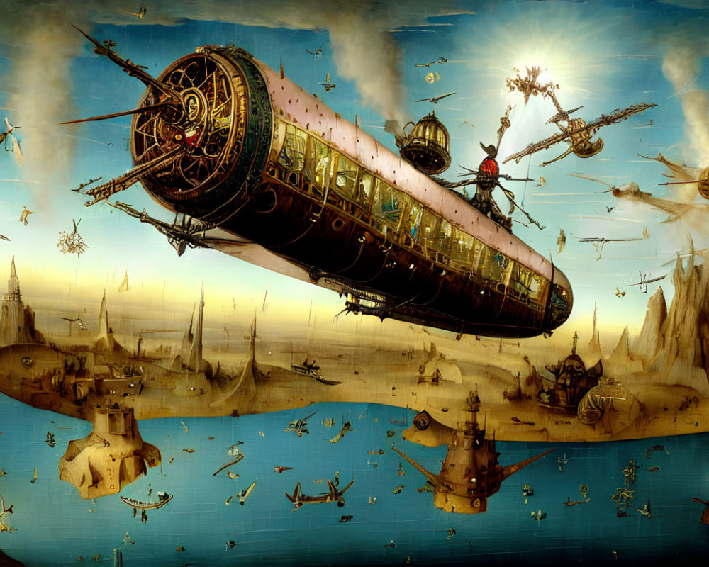 Steampunk-inspired scene with airships over rocky landscape