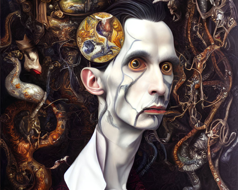 Pale man with wide eyes and visible brain surrounded by surreal elements