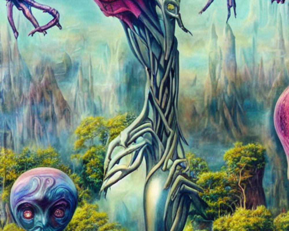 Vibrant surreal alien landscape with humanoid tree creature and snake-like beings