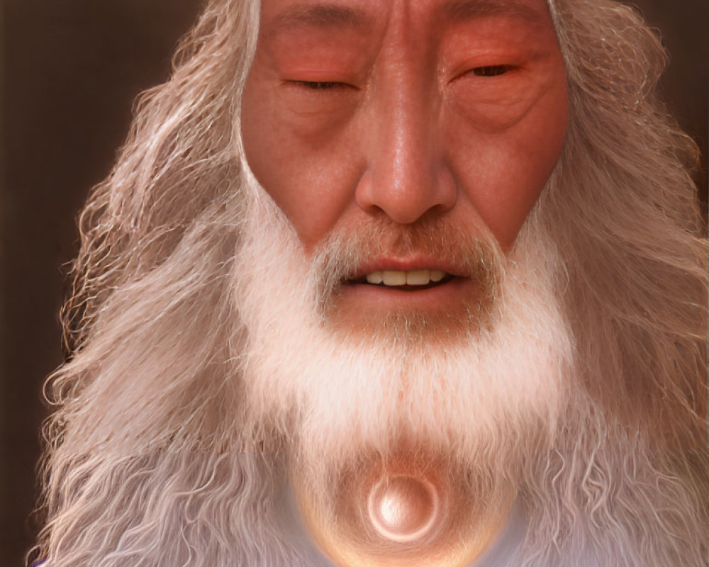 Elderly Asian sage with white beard and mystical landscape integration