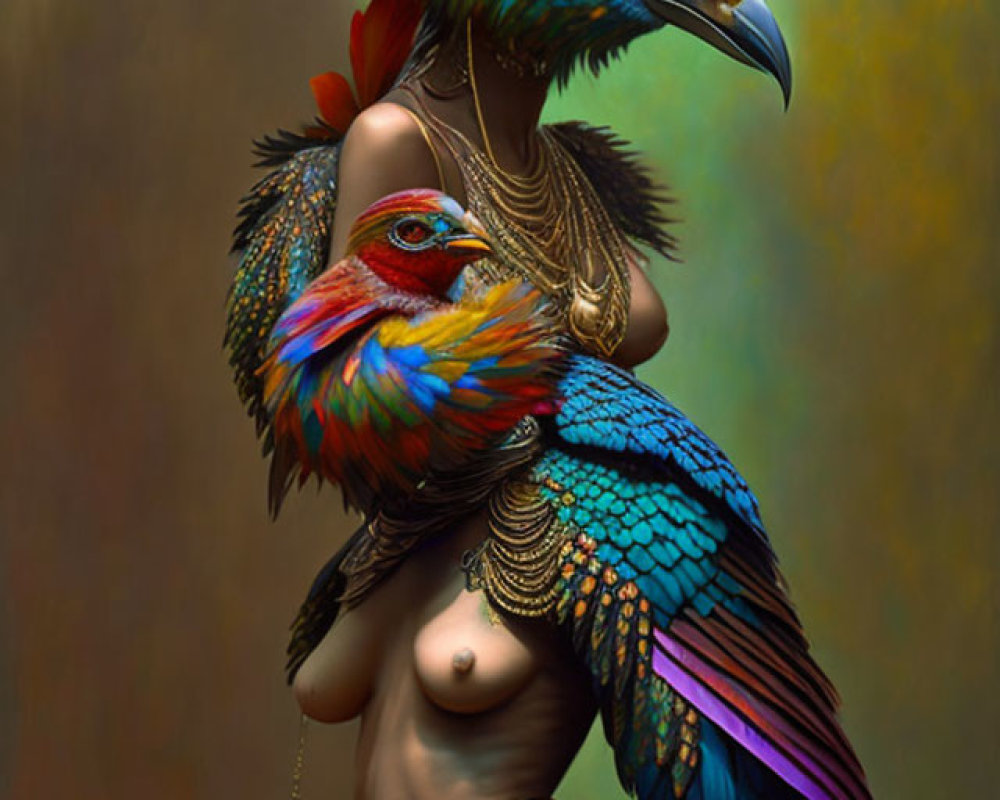 Colorful Human with Bird-Like Head and Golden Jewelry