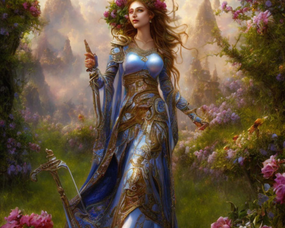 Regal figure in blue and gold dress in fantasy garden setting