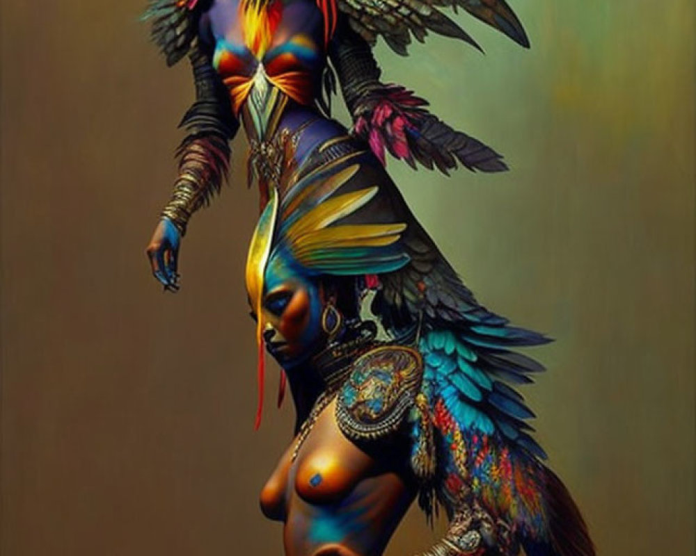 Vibrant tribal bird-inspired makeup and attire on two individuals