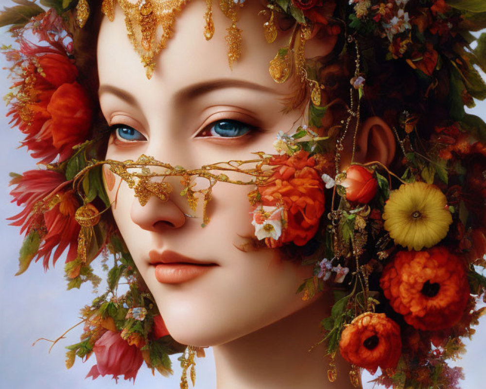 Portrait of person with floral crown, gold jewelry, fair skin, blue eyes, golden nose chain.