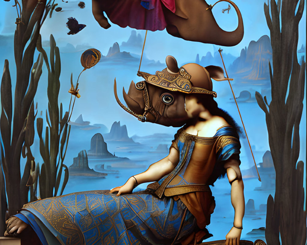 Surreal painting: Person riding elephant in armor, fantastical landscape