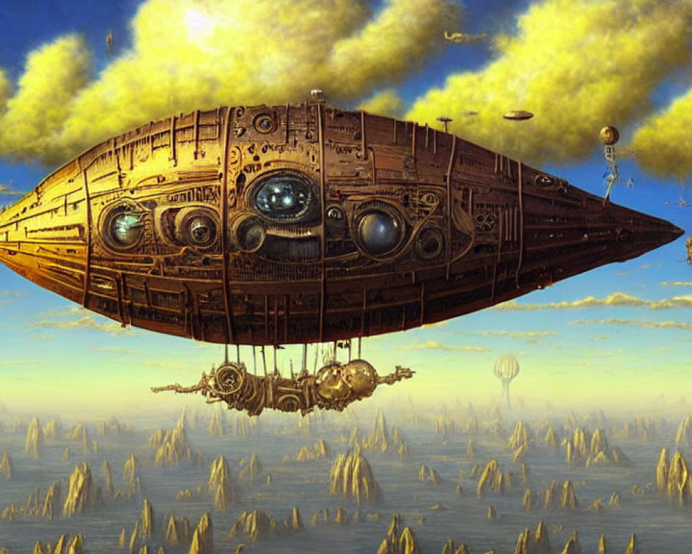 Detailed Steampunk Airship Floating in Golden Sky