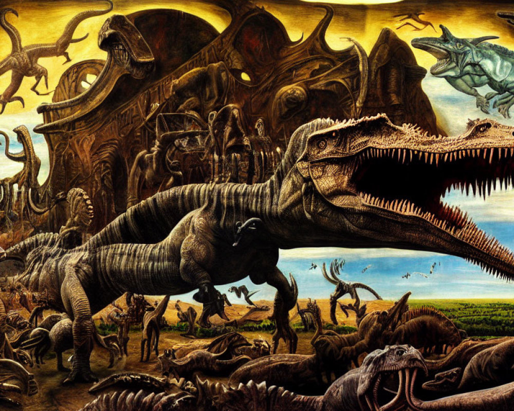 Detailed prehistoric scene with T-Rex, dinosaurs, ruins, and flying reptile