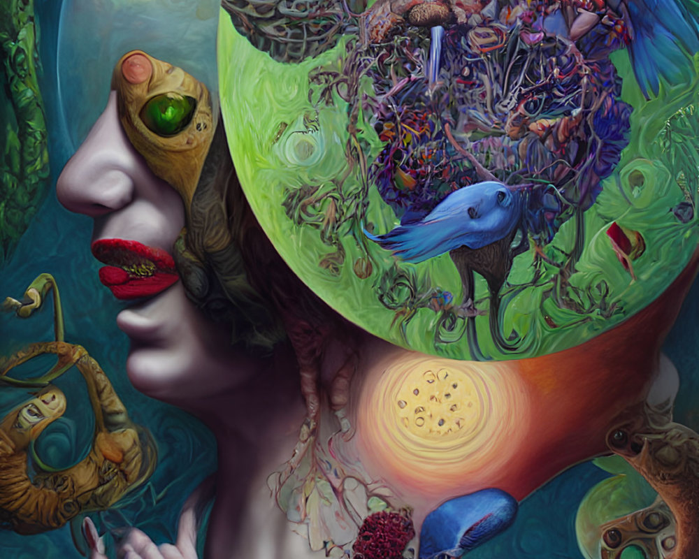 Surreal Artwork: Woman's Head with Cosmic Bubble Brain and Creatures