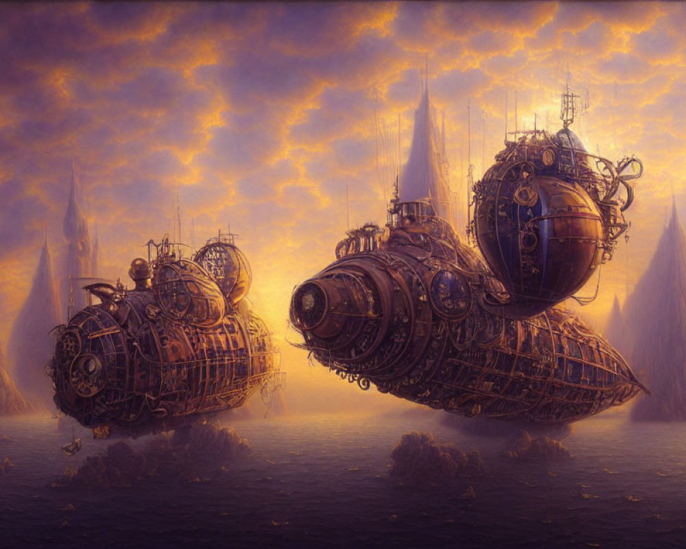 Ornate Steampunk Airships Amidst Spired Cityscape