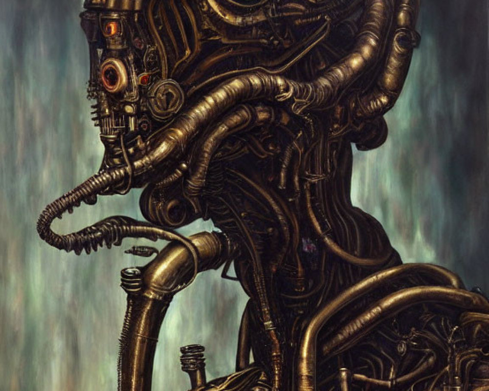 Detailed depiction of humanoid robot with metallic skull and intricate cables