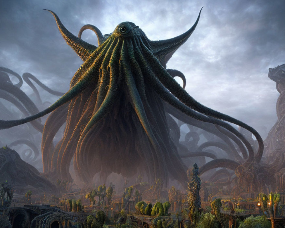 Gigantic octopus-like creature dominates ruined landscape