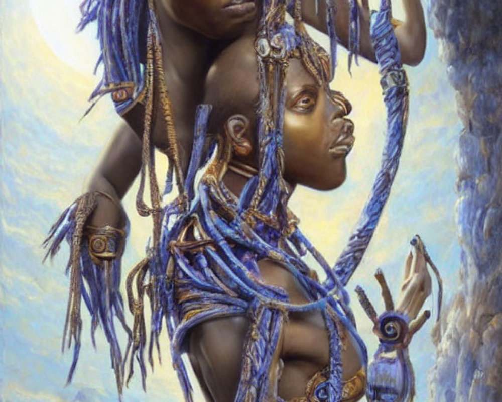 Stylized figures with blue braided hair and ornate jewelry connected by a braid against a