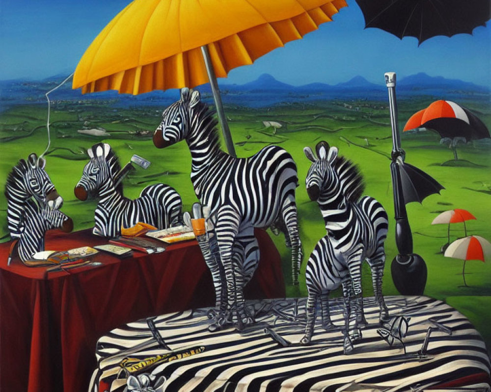 Zebras around table with zebra-patterned cloth, yellow and black umbrellas in green landscape