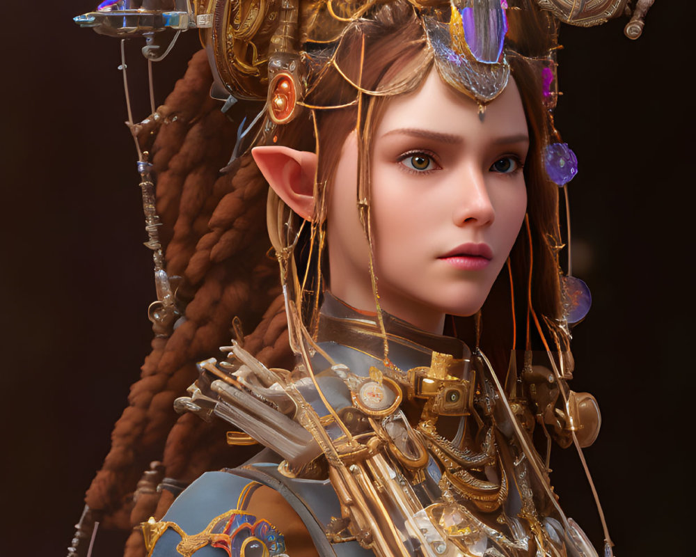 Female character with golden headdress, jewelry, and armor in fantasy steampunk style