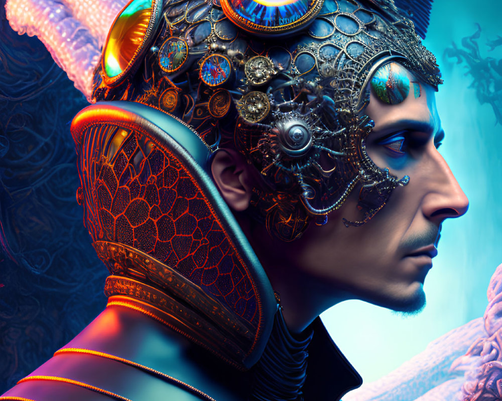 Profile view of person with futuristic ornate headgear against blue backdrop