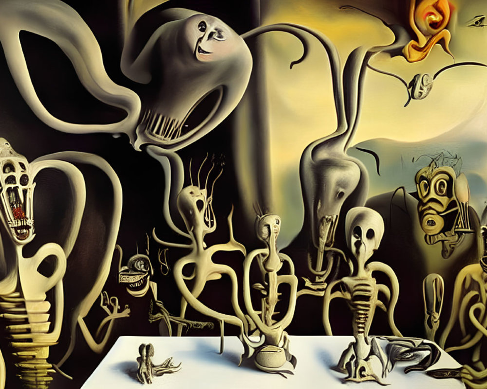 Distorted Figures and Skeletons in Surreal Painting