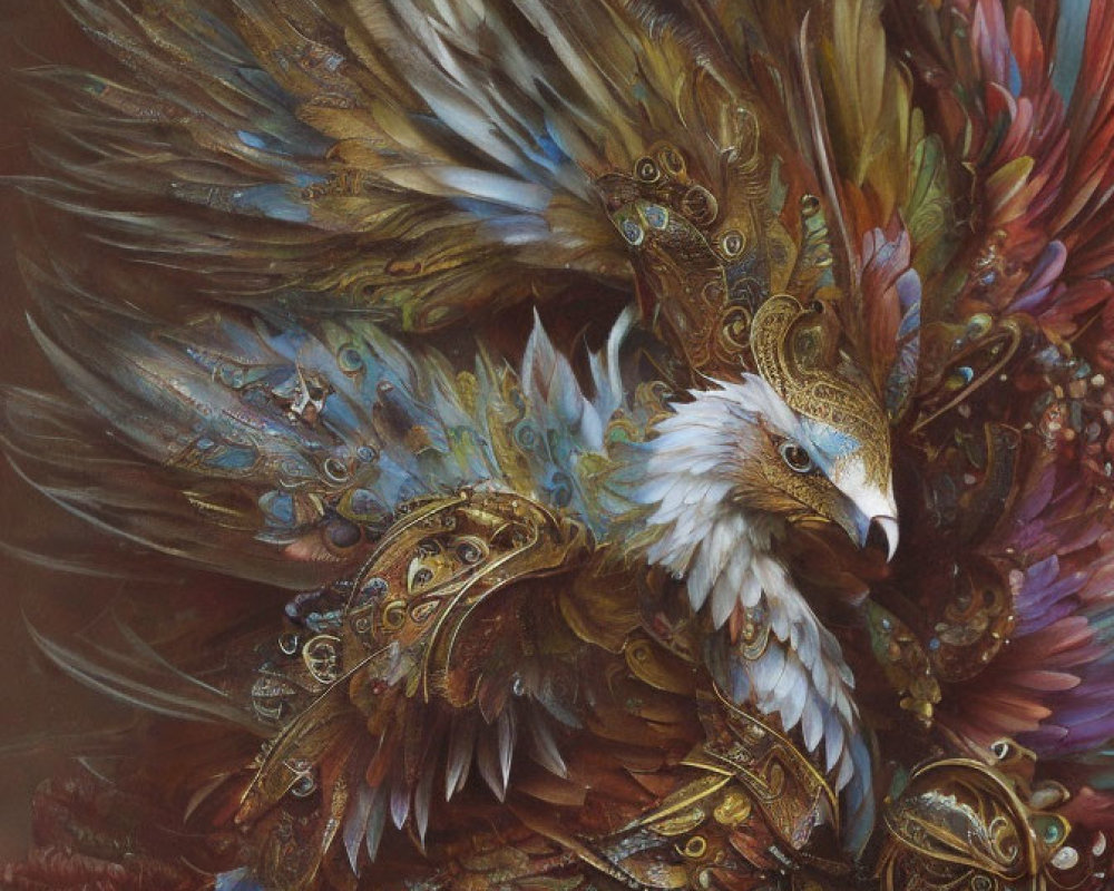 Detailed Painting of Eagle with Colorful Feathers & Gold Accents