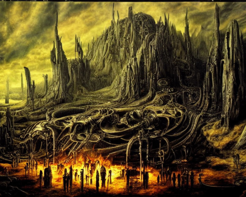 Dystopian landscape with towering spires and figures around a fire