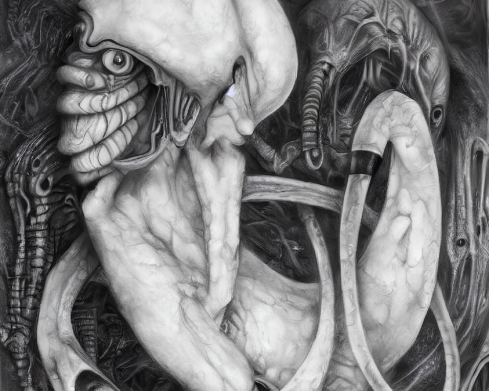 Detailed monochromatic surreal illustration: organic tentacle-like forms and alien creatures intertwined