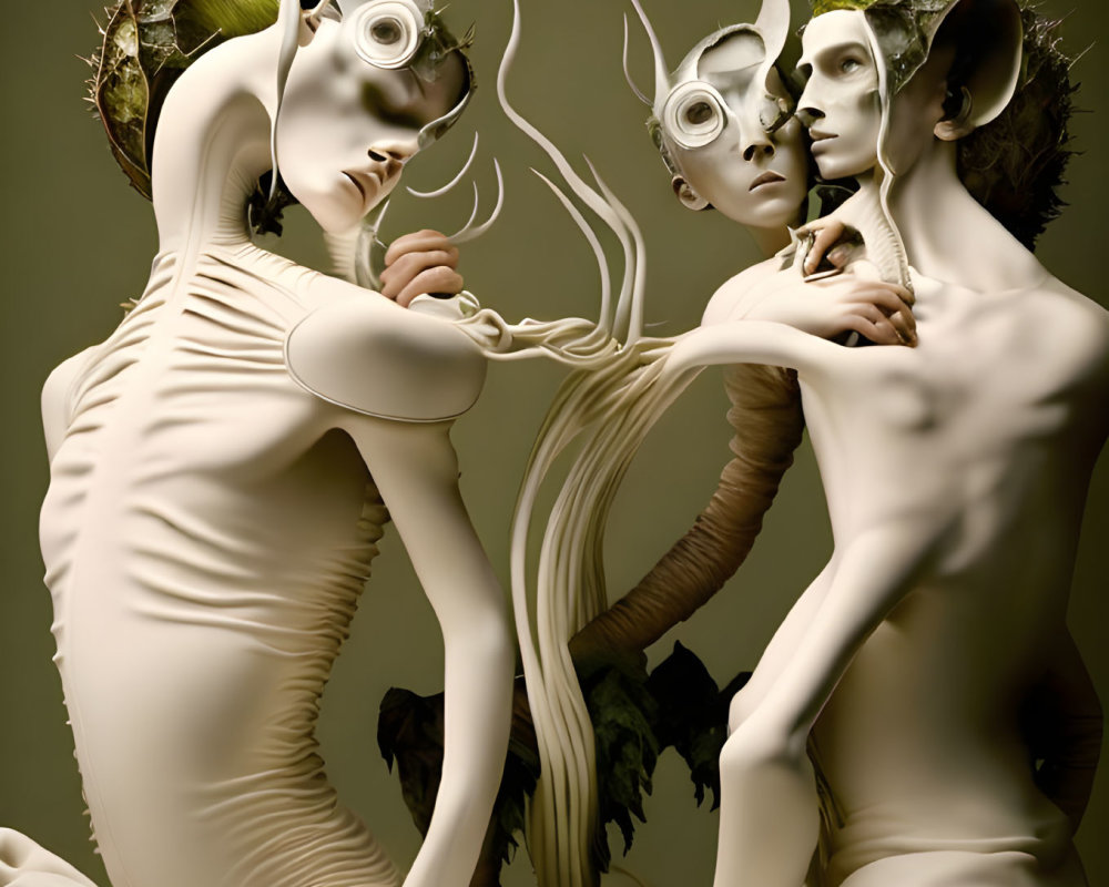 Surreal humanoid figures with spiraled horns and captivating eyes in natural-inspired colors and textures