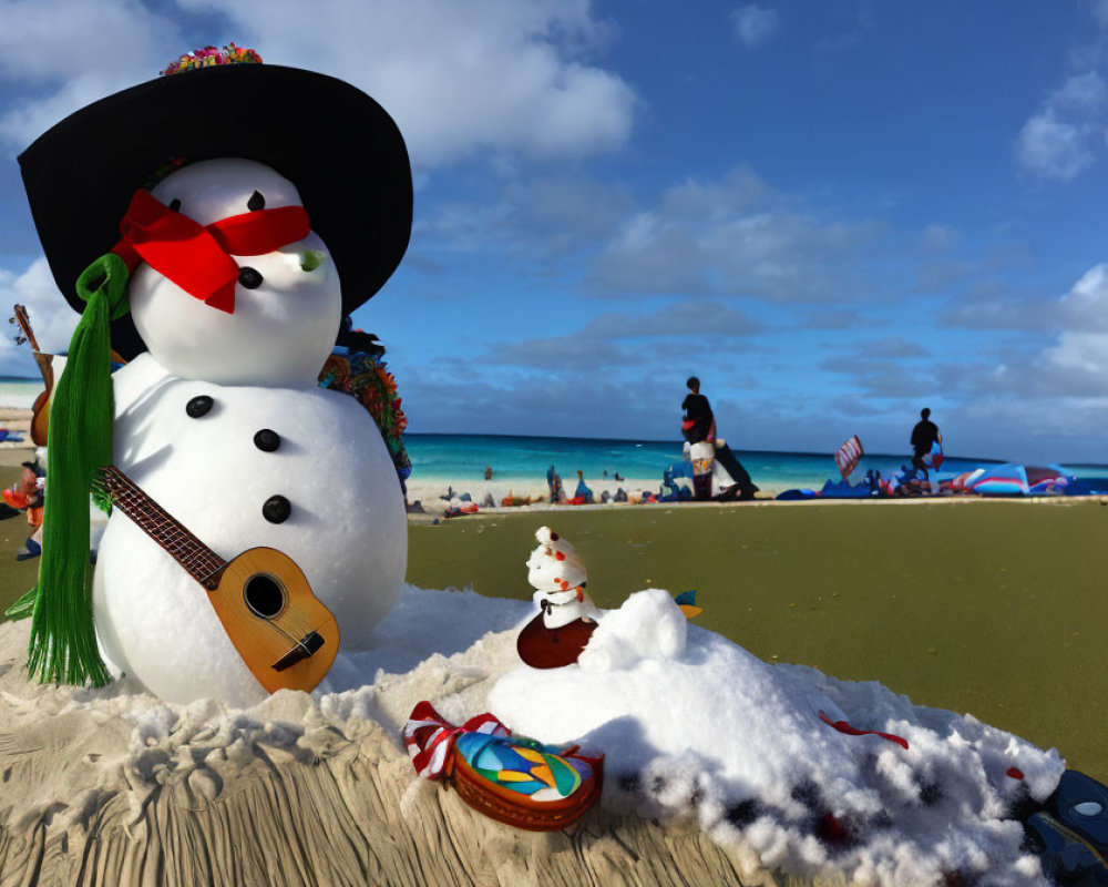Snowman with ukulele, small snowman, and maracas on sunny beach with people and