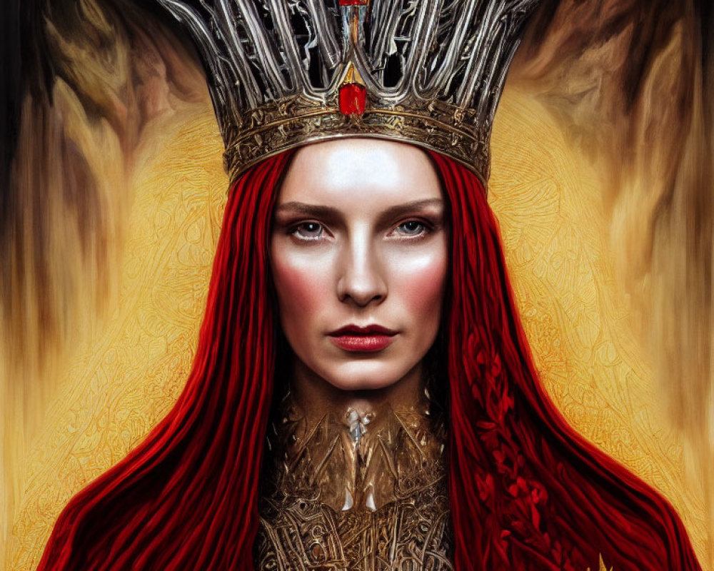 Regal figure with long red hair and golden crown with red gemstone