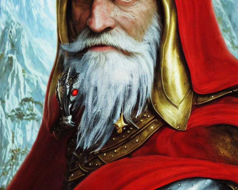 Elder warrior with white beard in golden helmet and red cloak