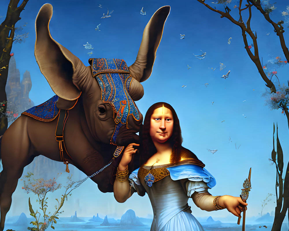 Surreal portrait: Mona Lisa with adorned elephant in serene landscape