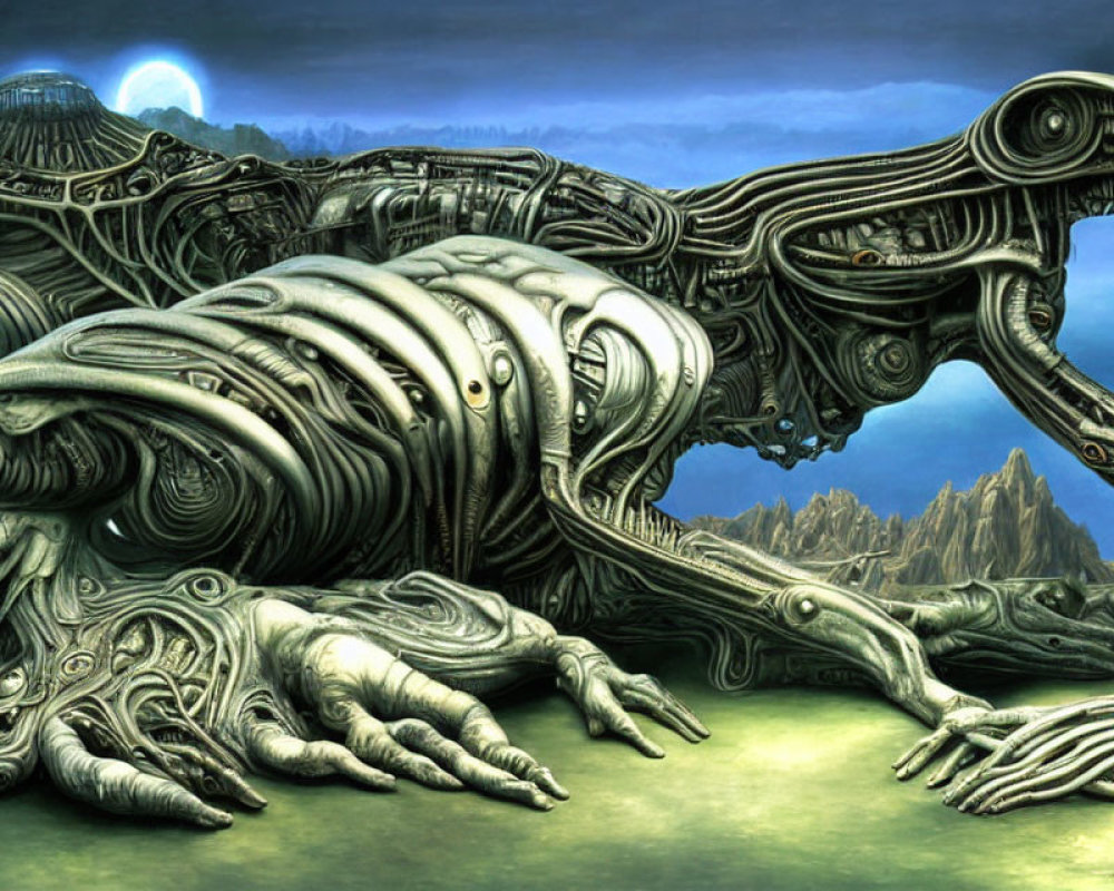 Surreal biomechanical landscape with robotic figure and organic shapes