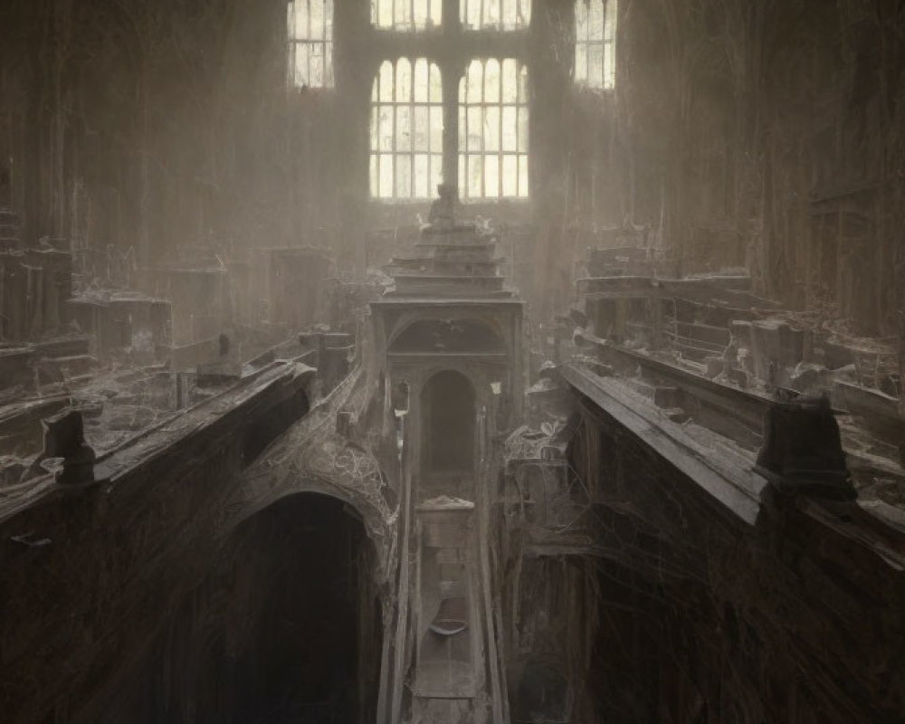 Deserted library with tall bookshelves and arched window.