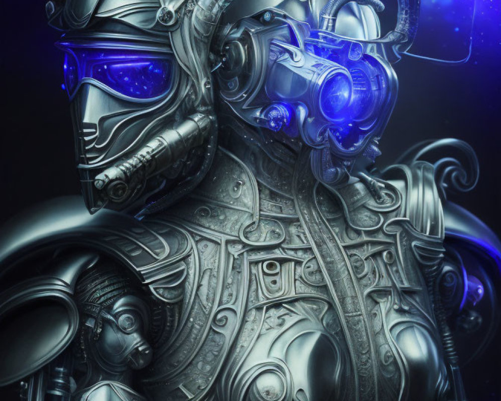 Futuristic knight in ornate armor with glowing blue visor against starry backdrop