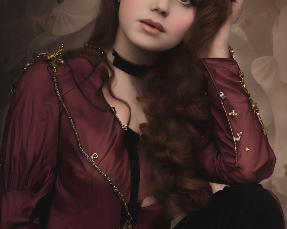 Person with voluminous curly hair in vintage burgundy blouse and black choker posing thoughtfully