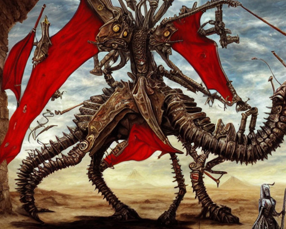 Red-winged mechanical dragon faces off against armored figure in barren setting