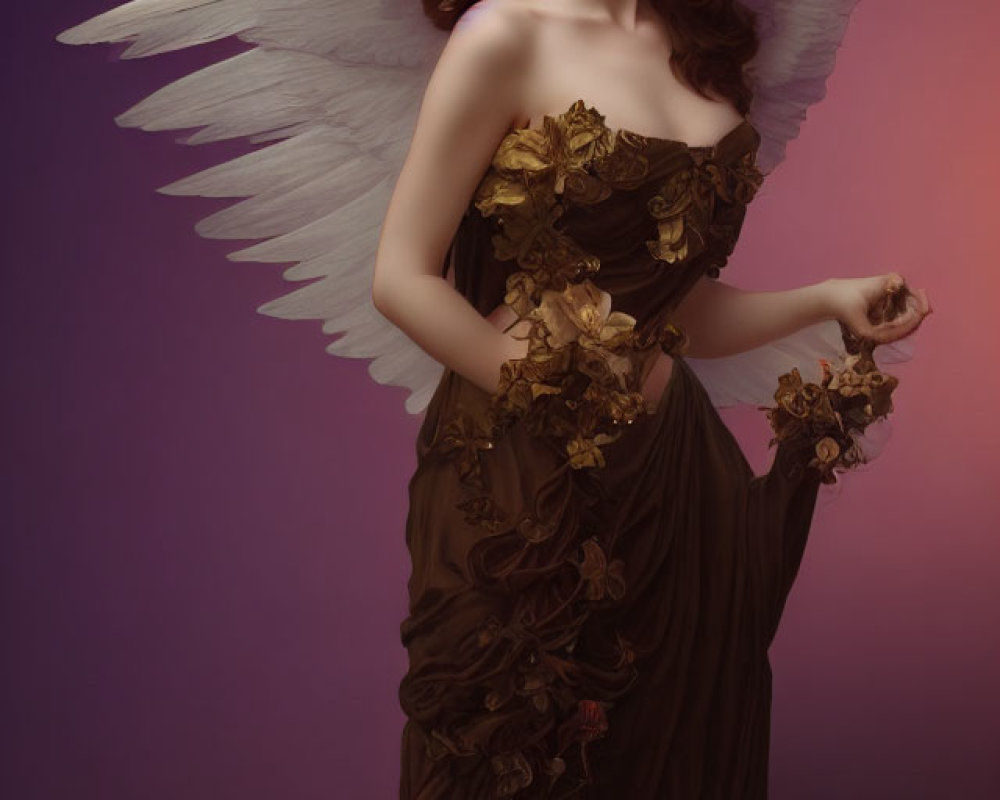 Angel winged woman in brown dress with golden flowers on purple background