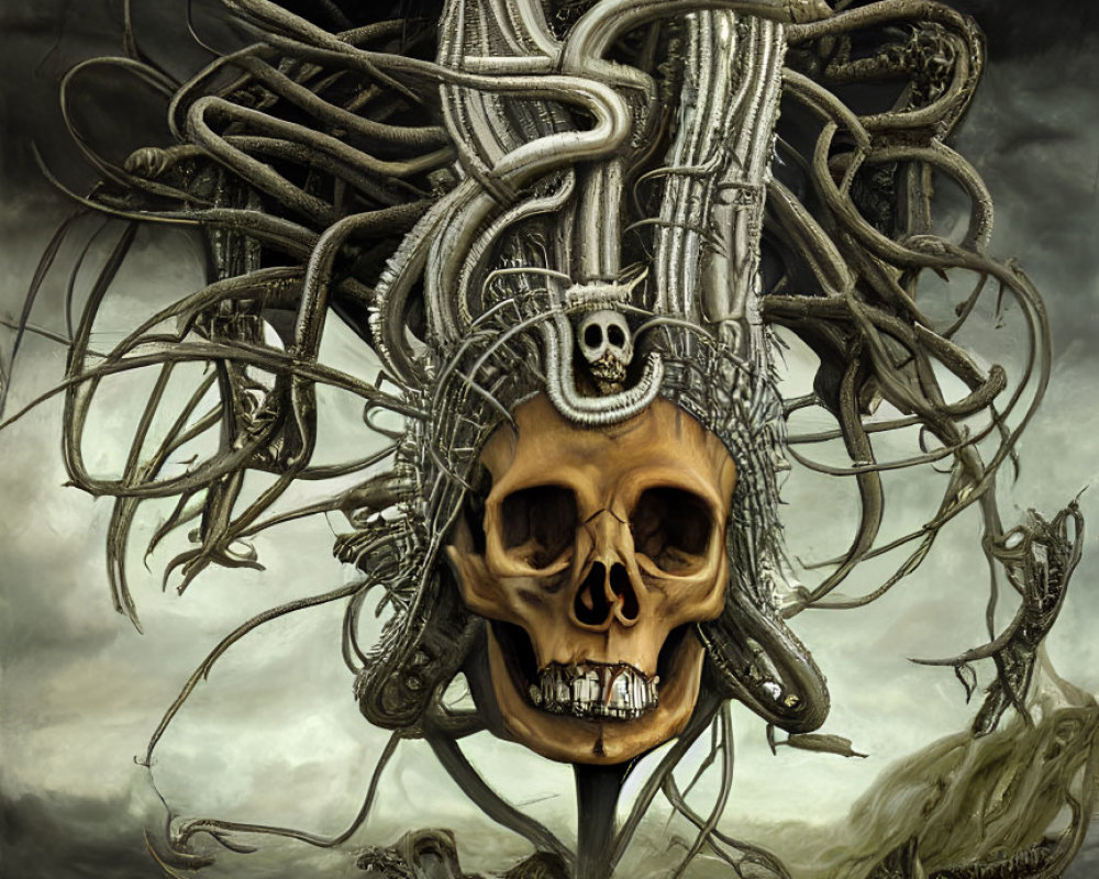 Surreal artwork: Skull with serpent crown in stormy sky