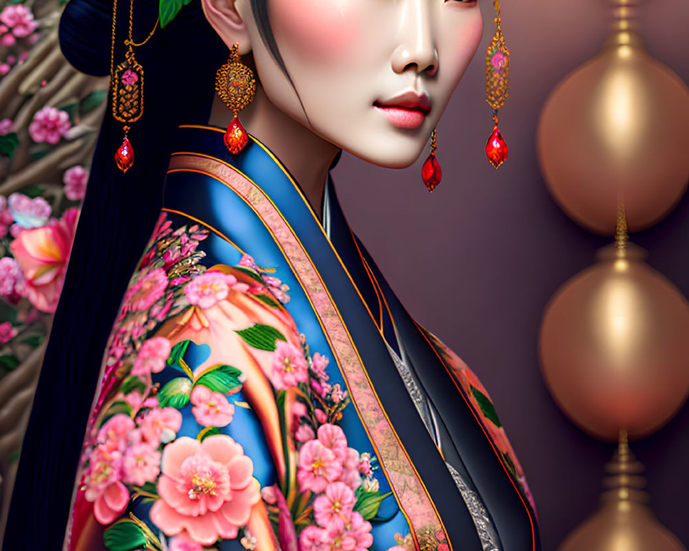 Detailed traditional Asian attire artwork with floral patterns and intricate jewelry.