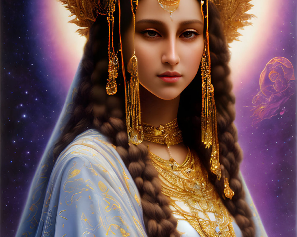 Regal woman in golden headgear and blue attire against cosmic backdrop