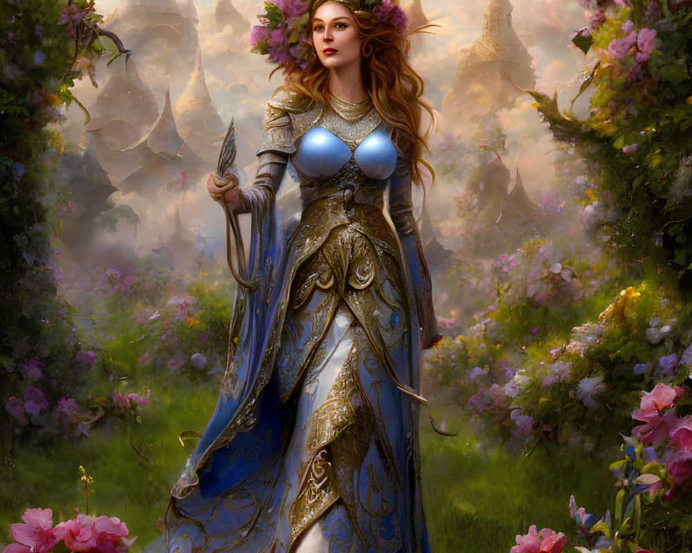 Medieval armored woman with floral crown and sword in misty castle background