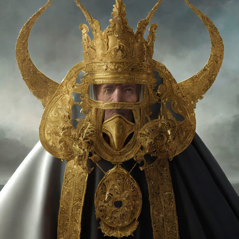 Person in ornate golden helmet and cloak against cloudy sky.