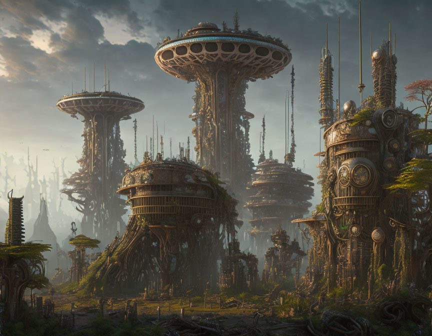 Futuristic cityscape with mushroom-like towers in forest setting