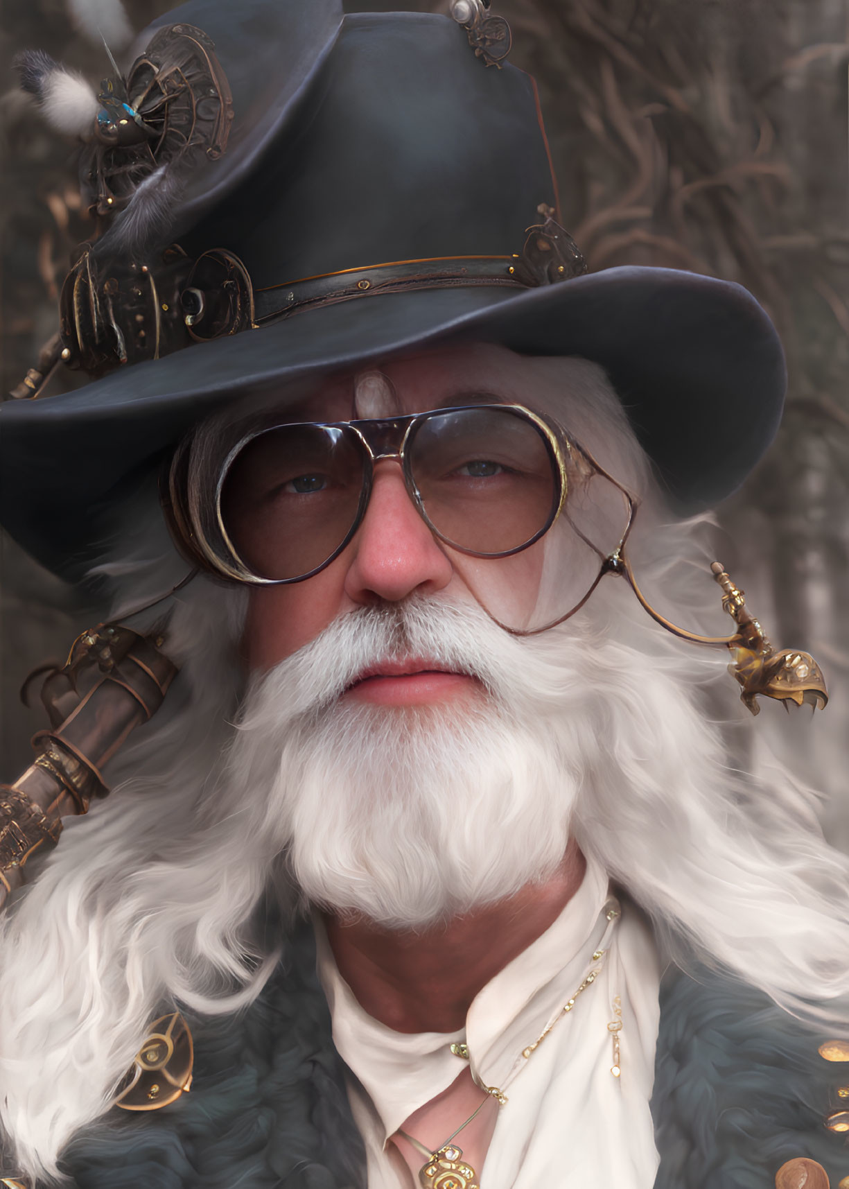 Elder Man in Steampunk Attire with Tricorner Hat and White Beard